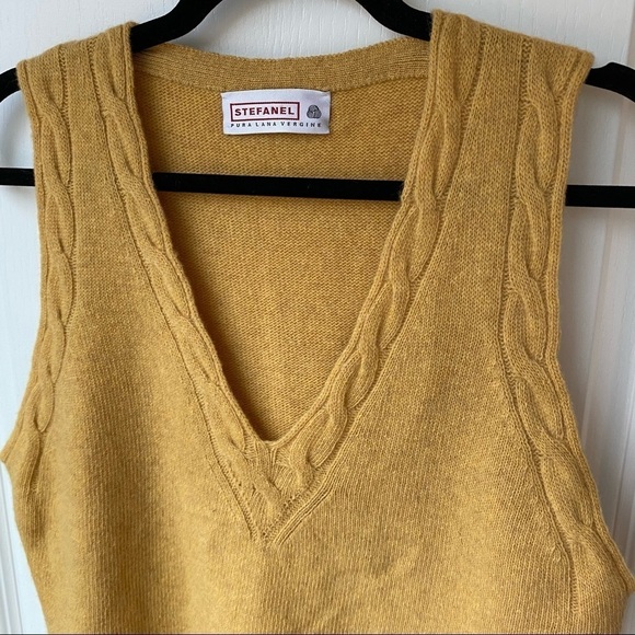 Italian pure wool yellow vest cableknit V-neck trim sleeveless sweater STEFANEL - Picture 8 of 9